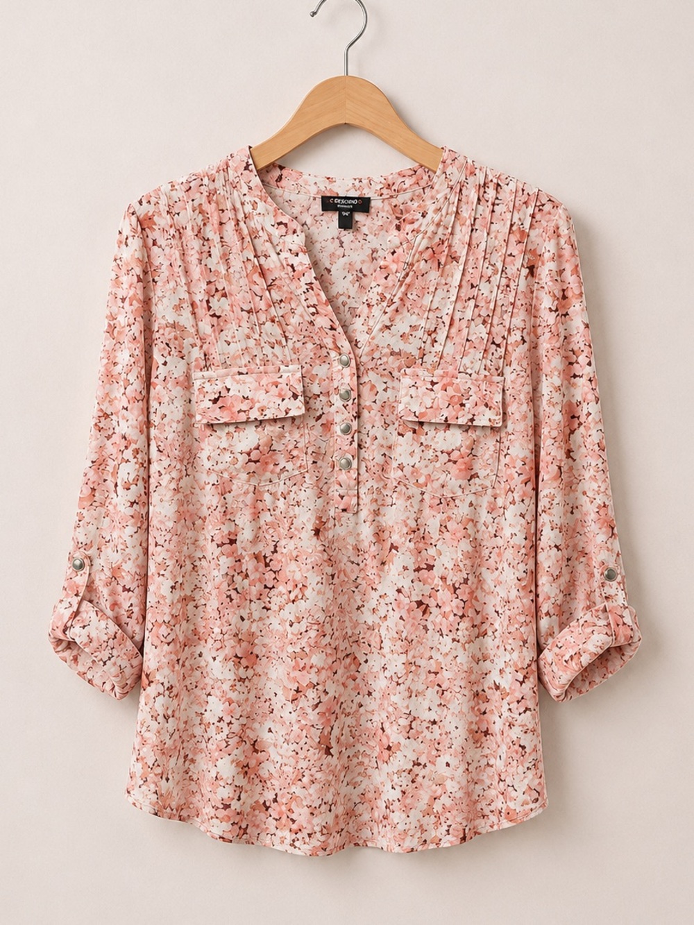 Cocomo Pink Ditzy Floral Pintuck Henley Style Mandarin Collar Swing Blouse